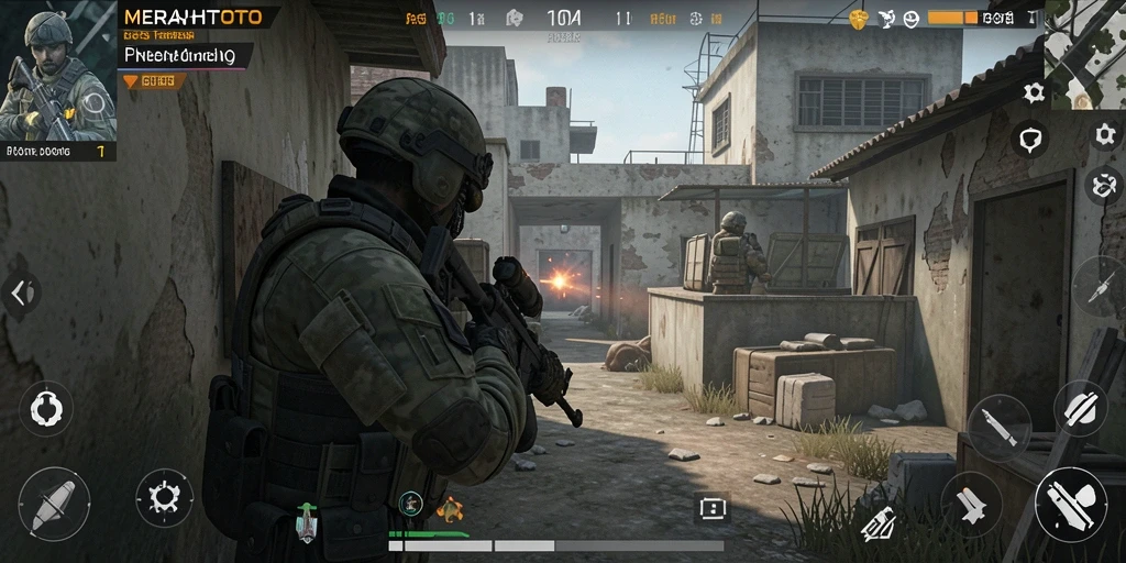 Screenshot utama MERAHTOTO menunjukkan gameplay FPS yang mendebarkan.