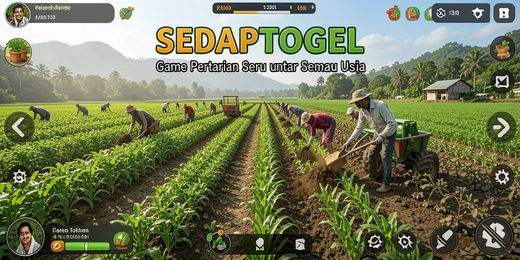 Tampilan gameplay SEDAPTOGEL dengan ladang yang subur dan berwarna-warni.